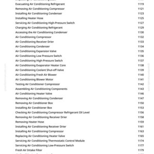 May include: A list of "Serviceable Components" for air conditioning systems, including modules, sensors, and various maintenance procedures. The text is in black font on a white background, with a greenfammanuals.com watermark.