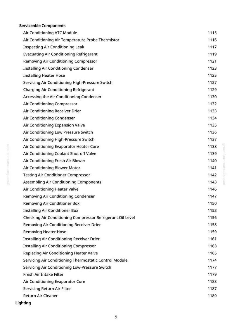 May include: A list of "Serviceable Components" for air conditioning systems, including modules, sensors, and various maintenance procedures. The text is in black font on a white background, with a greenfammanuals.com watermark.
