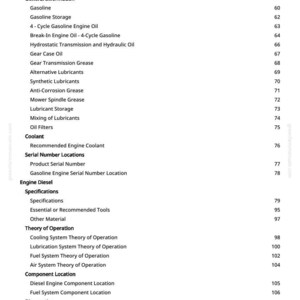 May include: A white printed page with a table of contents for a manual. The text includes sections on gasoline, engine oil, lubricants, and engine diesel specifications. Page numbers are listed on the right.