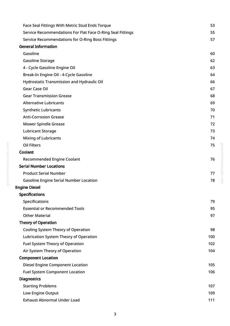May include: A white printed page with a table of contents for a manual. The text includes sections on gasoline, engine oil, lubricants, and engine diesel specifications. Page numbers are listed on the right.