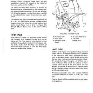 May include: Diagram of a hydraulic system, including a bleed-down manifold, hoist valve, and hoist pump. The diagram is labeled with numbered components and includes text descriptions of each part's function within the system.