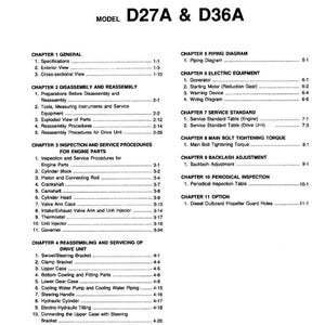 Op de afbeelding: Een gedetailleerde technische handleiding voor de modellen D27A & D36A, met een uitgebreide inhoudsopgave. Hoofdstukken over algemene informatie, demontage, inspectie en serviceprocedures voor motoronderdelen.