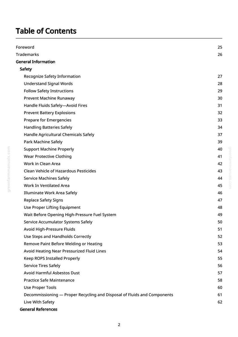 May include: A page from a manual titled "Table of Contents." The text lists safety topics such as "Prevent Machine Runaway," "Handle Fluids Safely," and "Avoid High-Pressure Fluids." The page number is 2.