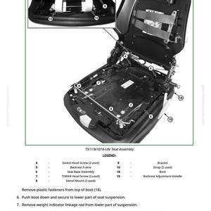 May include: Diagram of a seat assembly, showing components like screws, brackets, and a backrest frame. The image includes a detailed inset view and a legend with part names and quantities.