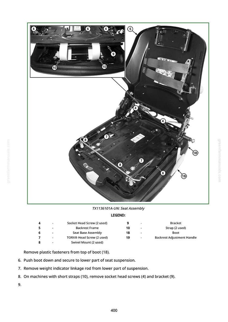 May include: Diagram of a seat assembly, showing components like screws, brackets, and a backrest frame. The image includes a detailed inset view and a legend with part names and quantities.