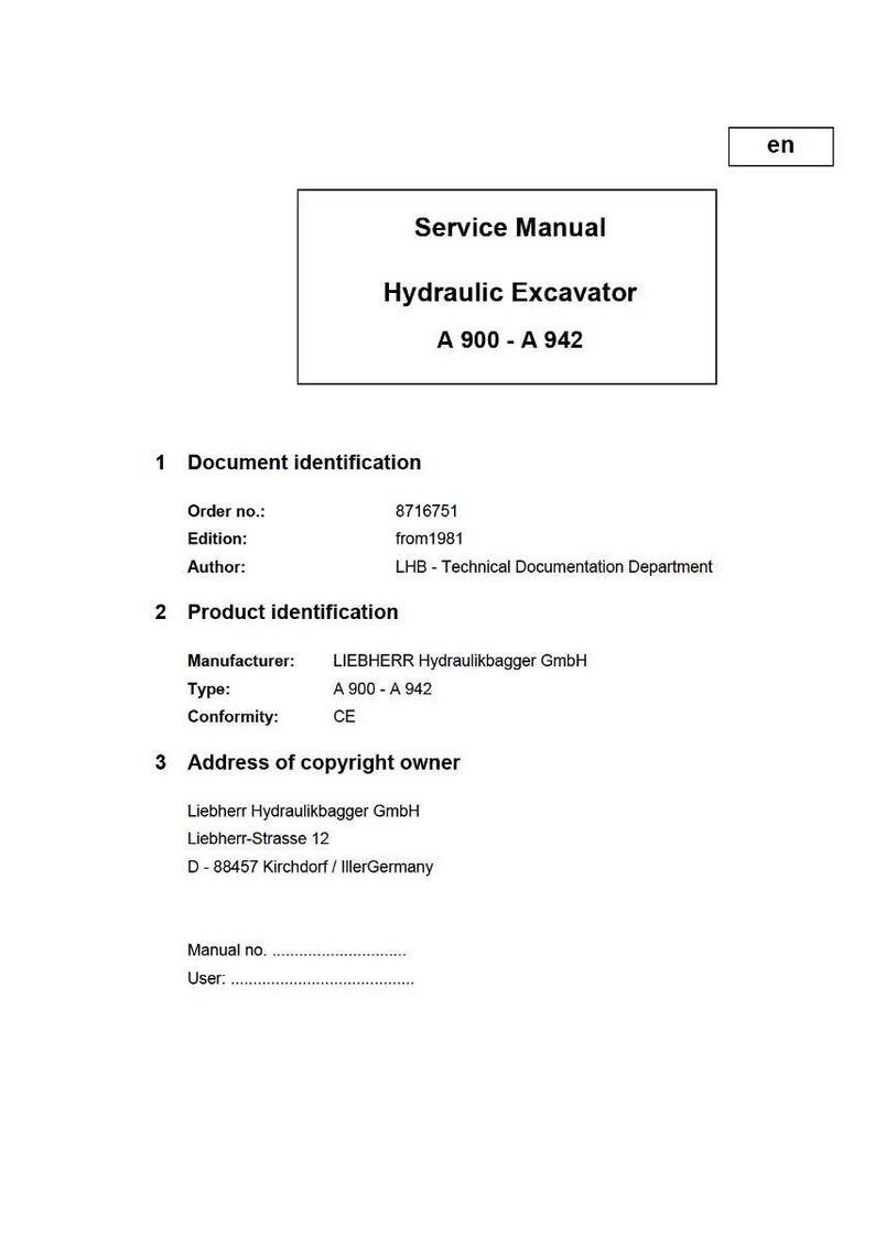 May include: A white document titled "Service Manual" for a "Hydraulic Excavator A 900 - A 942." Includes document and product identification details, manufacturer information, and copyright owner address.