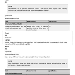 May include: A technical document with text and tables detailing diagnostic procedures for an enable solenoid circuit. The document includes instructions, item descriptions, measurements, and specifications for troubleshooting. The text is in black and white.
