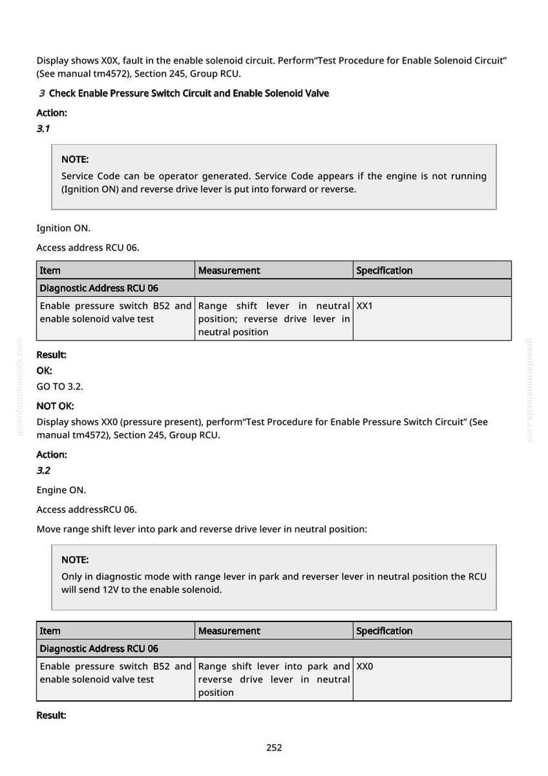 May include: A technical document with text and tables detailing diagnostic procedures for an enable solenoid circuit. The document includes instructions, item descriptions, measurements, and specifications for troubleshooting. The text is in black and white.