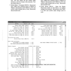 May include: A manual page with text detailing testing and adjustment procedures, alongside a screenshot of a real-time data monitor. The monitor displays engine and system data, with instructions on wire disconnection.