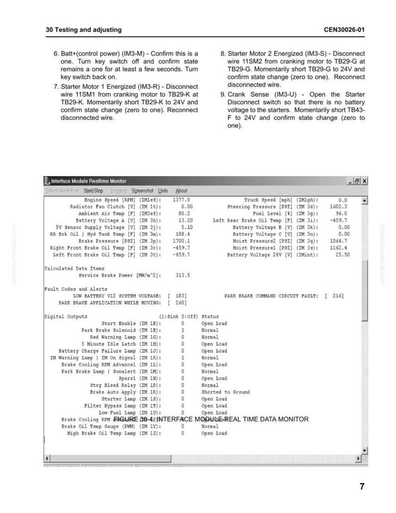 May include: A manual page with text detailing testing and adjustment procedures, alongside a screenshot of a real-time data monitor. The monitor displays engine and system data, with instructions on wire disconnection.