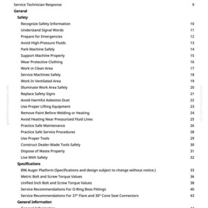 May include: A white page titled "Table of Contents" from a manual. The table lists safety procedures, specifications, and general information. The text is black and organised in a clear, readable format.