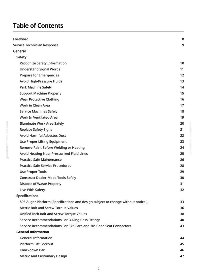May include: A white page titled "Table of Contents" from a manual. The table lists safety procedures, specifications, and general information. The text is black and organised in a clear, readable format.