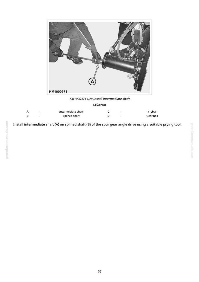 May include: Technical diagram illustrating the installation of an intermediate shaft. The image shows a person working on machinery, with labels and text detailing the components and procedure. The text reads "Install intermediate shaft".