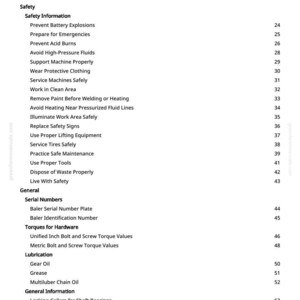 Op de afbeelding: Een witte pagina met de titel "Inhoudsopgave" uit een handleiding. De tabel bevat veiligheidsinformatie, algemene onderwerpen, serienummers, koppels voor hardware, smering en componenten van het elektrische systeem.