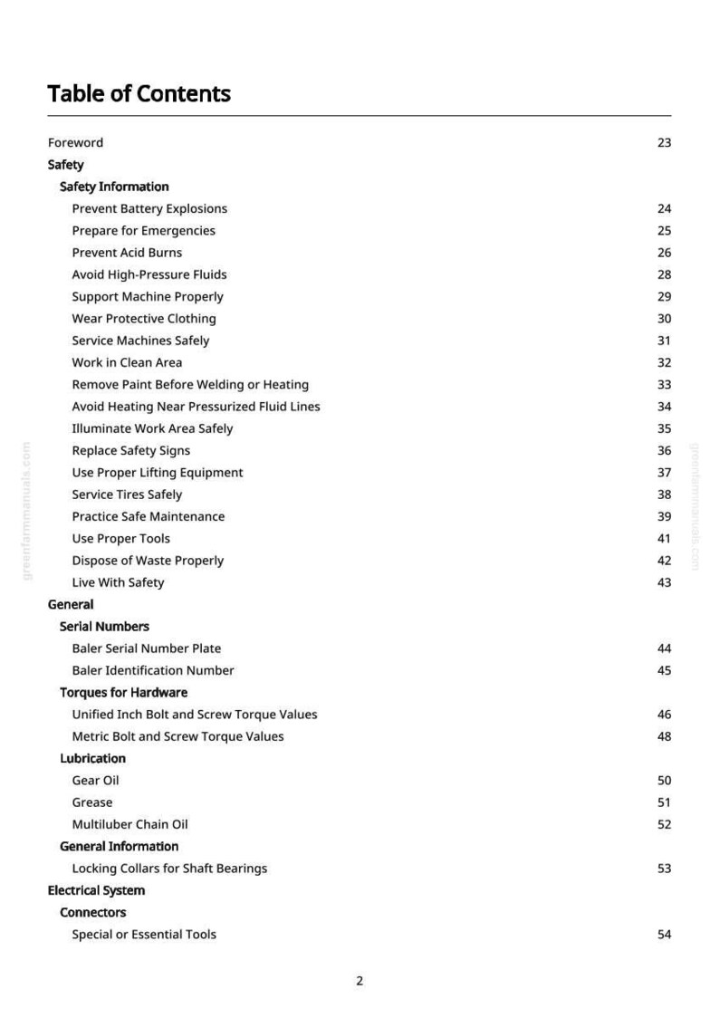 Op de afbeelding: Een witte pagina met de titel "Inhoudsopgave" uit een handleiding. De tabel bevat veiligheidsinformatie, algemene onderwerpen, serienummers, koppels voor hardware, smering en componenten van het elektrische systeem.