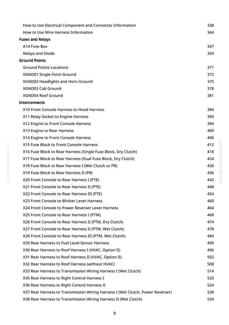 May include: A detailed table of contents from a manual, listing electrical component and connector information, fuses, relays, ground points, and interconnects. Includes page numbers for easy reference.