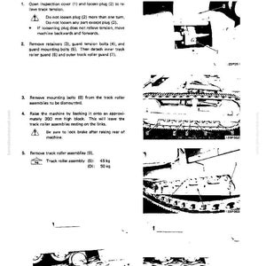 May include: Technical diagram illustrating the disassembly and assembly of a track roller assembly. The image includes numbered steps, diagrams, and weight specifications in kilograms for the track roller assembly.