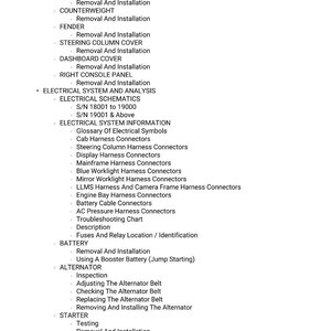 May include: A detailed list of automotive repair procedures, including gas cylinder removal, fuel tank maintenance, and electrical system analysis. The text is in black font on a white background, covering various components and their service instructions.