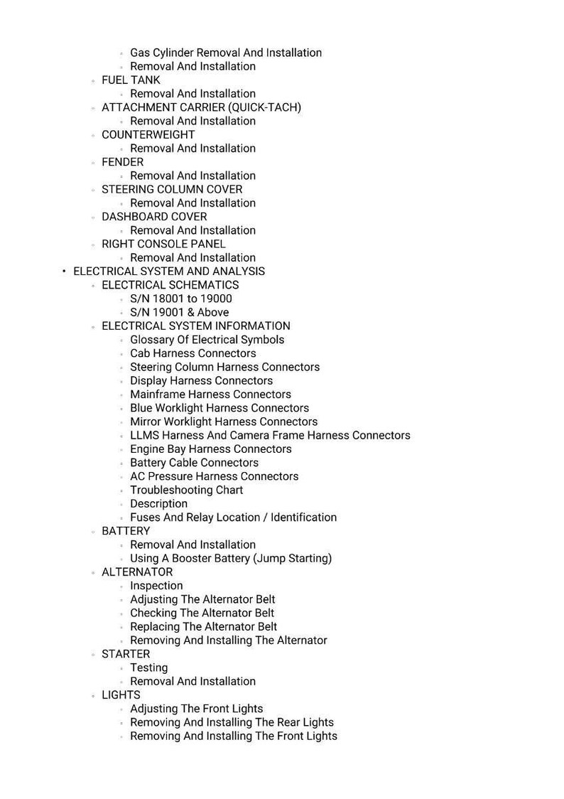 May include: A detailed list of automotive repair procedures, including gas cylinder removal, fuel tank maintenance, and electrical system analysis. The text is in black font on a white background, covering various components and their service instructions.