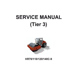May include: A service manual titled "SERVICE MANUAL (Tier 3)" with an illustration of a red and gray road roller. The model numbers HR70/110/120/140C-9 are listed below the image. The background is white.