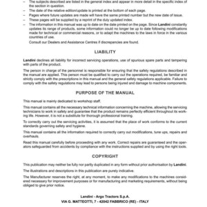May include: A printed manual for a Powerfarm tractor by Landini, featuring sections on introduction, liability, and purpose. The manual includes text and the Landini logo. The edition date is printed at the bottom.