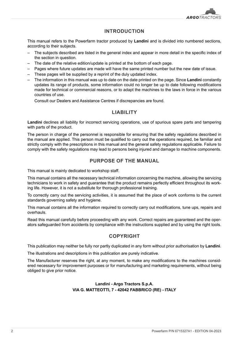 May include: A printed manual for a Powerfarm tractor by Landini, featuring sections on introduction, liability, and purpose. The manual includes text and the Landini logo. The edition date is printed at the bottom.