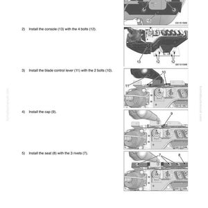 Pode incluir: Diagrama que ilustra a remo&ccedil;&atilde;o e instala&ccedil;&atilde;o de um conjunto de alavanca de controle de equipamento de trabalho. A imagem mostra etapas numeradas com diagramas de pe&ccedil;as como suportes, consoles, parafusos e rebites. O texto inclui instru&ccedil;&otilde;es e n&uacute;meros de pe&ccedil;as.