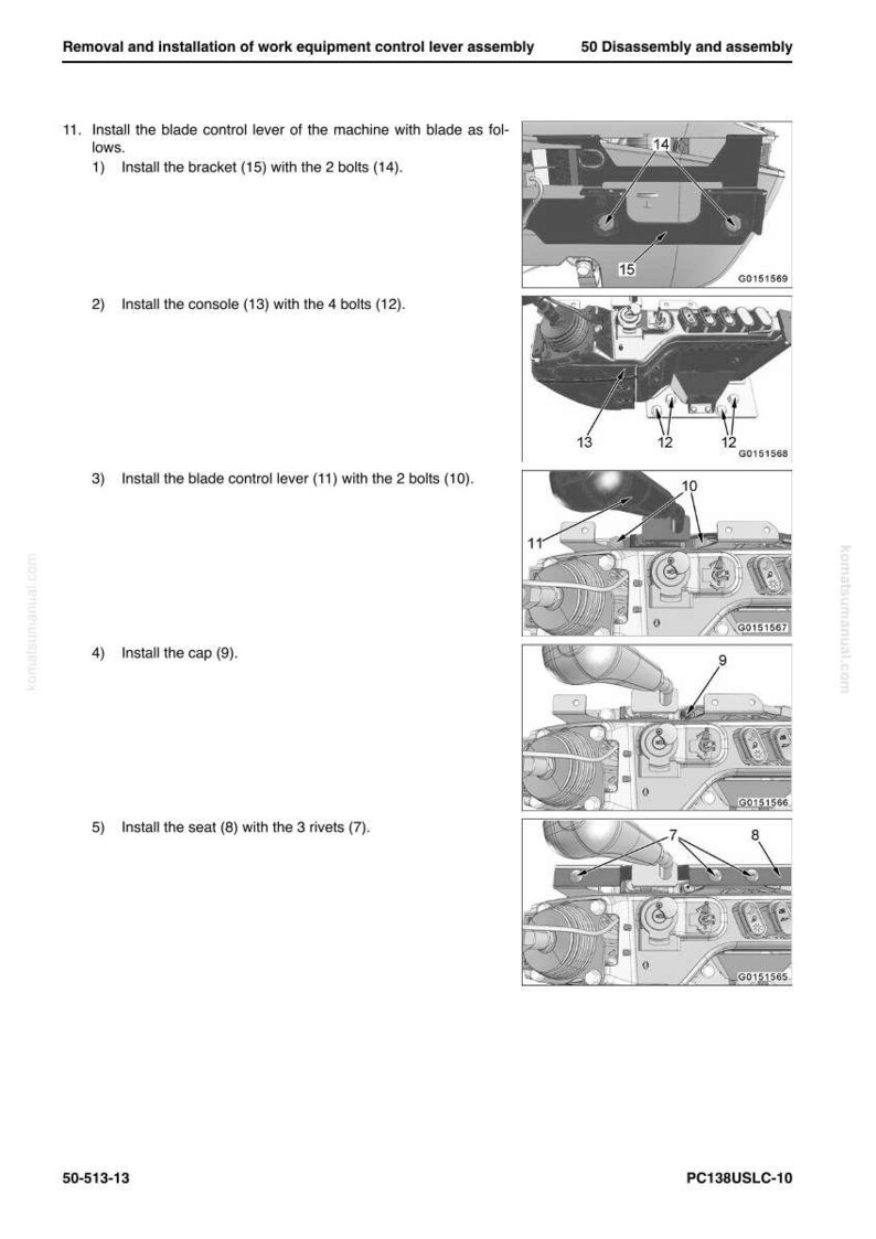 Pode incluir: Diagrama que ilustra a remo&ccedil;&atilde;o e instala&ccedil;&atilde;o de um conjunto de alavanca de controle de equipamento de trabalho. A imagem mostra etapas numeradas com diagramas de pe&ccedil;as como suportes, consoles, parafusos e rebites. O texto inclui instru&ccedil;&otilde;es e n&uacute;meros de pe&ccedil;as.