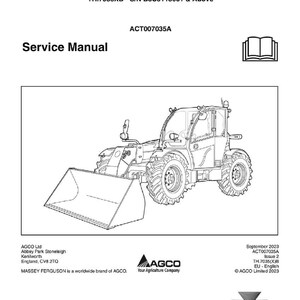 Puede incluir: Manual de servicio para un manipulador telesc&oacute;pico Massey Ferguson. La imagen muestra un dibujo lineal detallado de la m&aacute;quina, incluyendo el cuchar&oacute;n, las ruedas y la cabina. El manual se titula &laquo;Manual de servicio&raquo;. Tambi&eacute;n son visibles los logotipos de AGCO y Massey Ferguson.