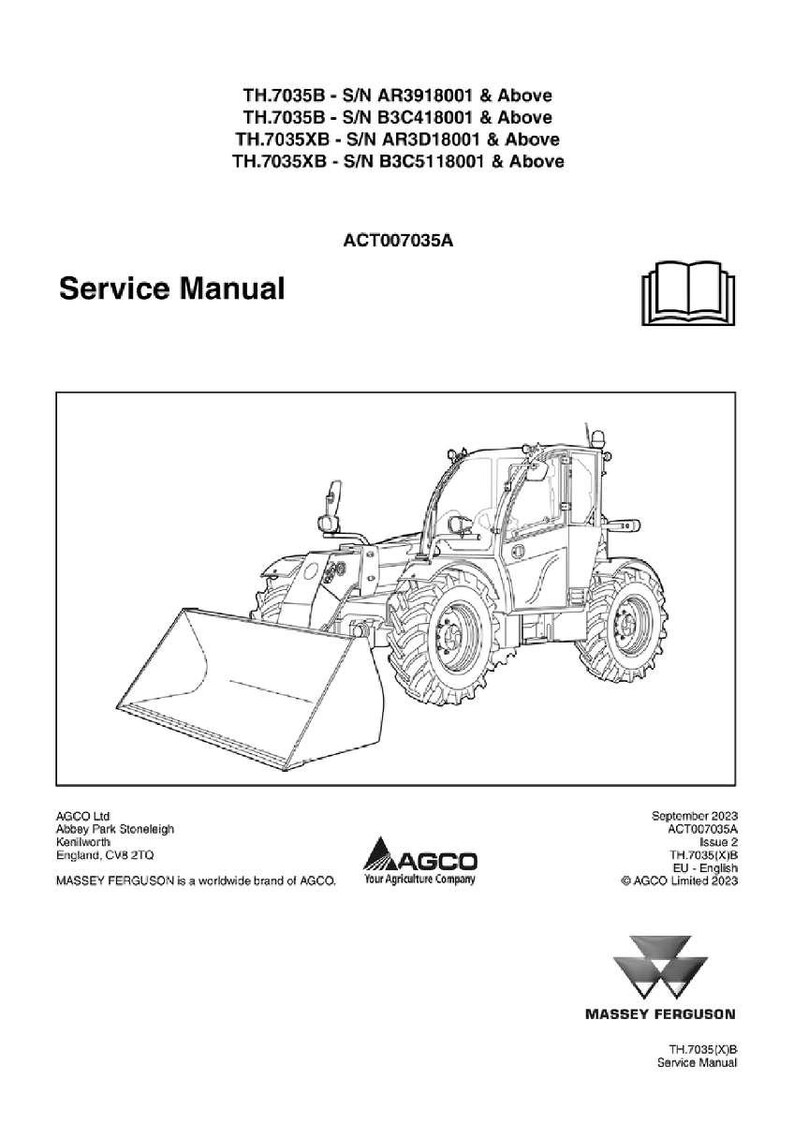 Puede incluir: Manual de servicio para un manipulador telesc&oacute;pico Massey Ferguson. La imagen muestra un dibujo lineal detallado de la m&aacute;quina, incluyendo el cuchar&oacute;n, las ruedas y la cabina. El manual se titula &laquo;Manual de servicio&raquo;. Tambi&eacute;n son visibles los logotipos de AGCO y Massey Ferguson.