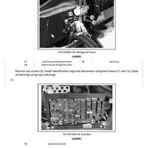 Puede incluir: Diagrama de componentes automotrices, incluidos mangueras de refrigerante y una caja de fusibles. La imagen incluye etiquetas para mangueras de refrigerante de baja y alta presi&oacute;n, tornillos de tapa y una caja de fusibles. Tambi&eacute;n se incluyen instrucciones de texto.