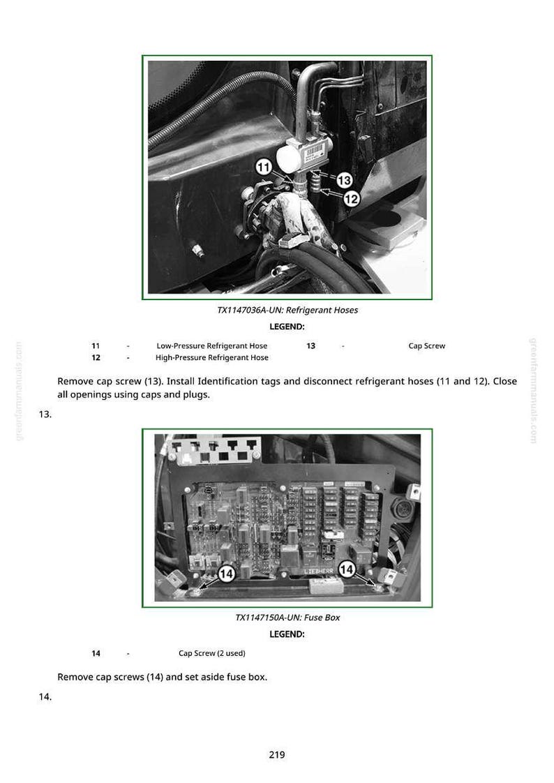 Puede incluir: Diagrama de componentes automotrices, incluidos mangueras de refrigerante y una caja de fusibles. La imagen incluye etiquetas para mangueras de refrigerante de baja y alta presi&oacute;n, tornillos de tapa y una caja de fusibles. Tambi&eacute;n se incluyen instrucciones de texto.