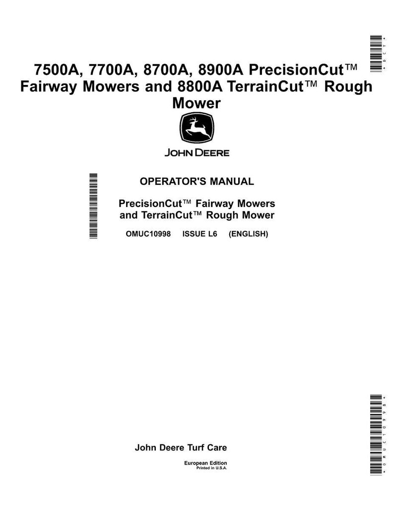 May include: A white manual cover with black text. The cover reads "7500A, 7700A, 8700A, 8900A PrecisionCut Fairway Mowers and 8800A TerrainCut Rough Mower." The John Deere logo is present. The text "Operator's Manual" is also visible.