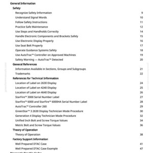 May include: A page from a manual titled "Table of Contents" with a list of topics including safety information, general references, and technical information. The text is black on a white background.