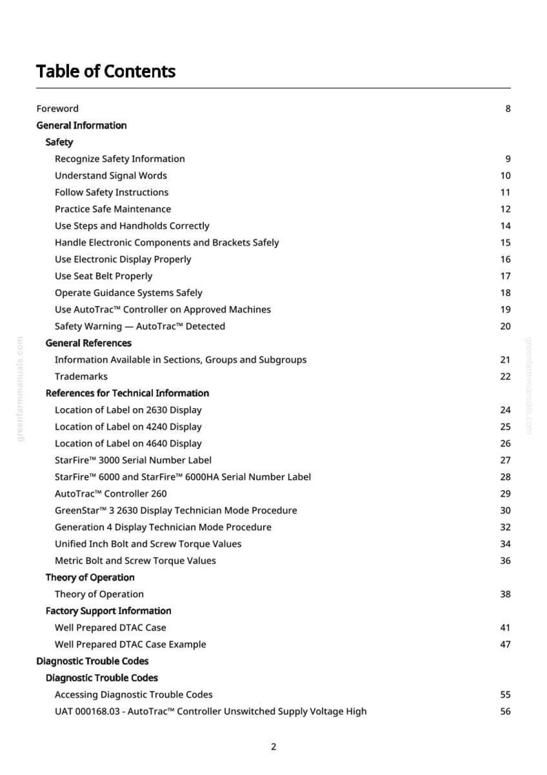 May include: A page from a manual titled "Table of Contents" with a list of topics including safety information, general references, and technical information. The text is black on a white background.