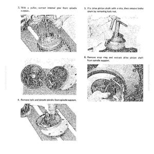 May include: Technical diagram with instructions for power train maintenance. The image shows several steps, including removing gears, shafts, and bolts. Text includes "extract internal gear," "remove brake drum," and "detach spindle."
