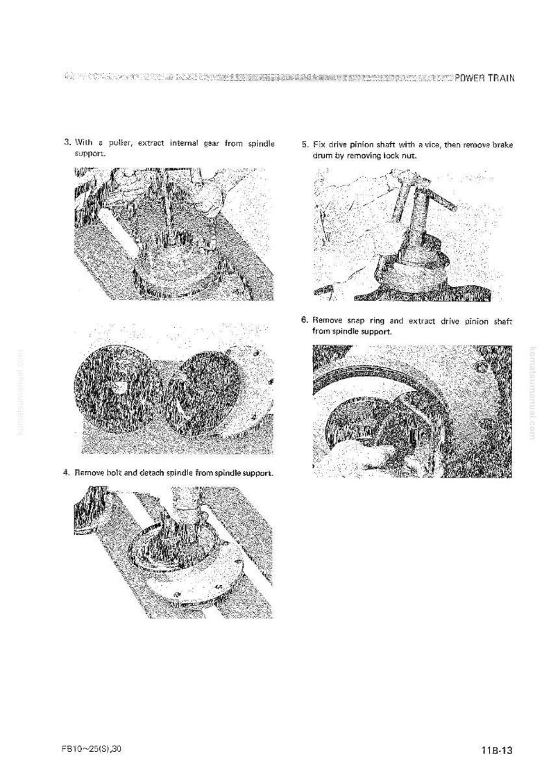 May include: Technical diagram with instructions for power train maintenance. The image shows several steps, including removing gears, shafts, and bolts. Text includes "extract internal gear," "remove brake drum," and "detach spindle."