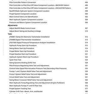 Puede incluir: Una p&aacute;gina de manual con una lista de procedimientos y pruebas t&eacute;cnicas, incluyendo pruebas del sistema hidr&aacute;ulico, ajustes de v&aacute;lvulas y ubicaciones de componentes. El texto es negro sobre fondo blanco.