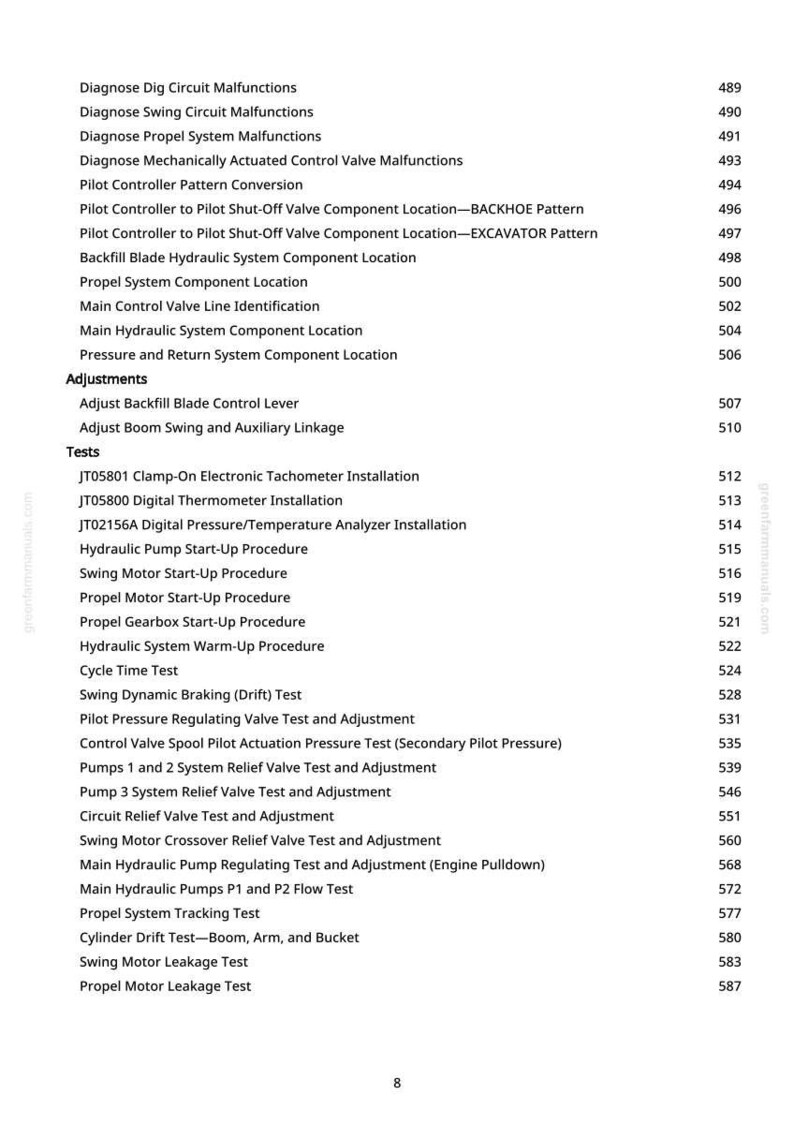 Puede incluir: Una p&aacute;gina de manual con una lista de procedimientos y pruebas t&eacute;cnicas, incluyendo pruebas del sistema hidr&aacute;ulico, ajustes de v&aacute;lvulas y ubicaciones de componentes. El texto es negro sobre fondo blanco.