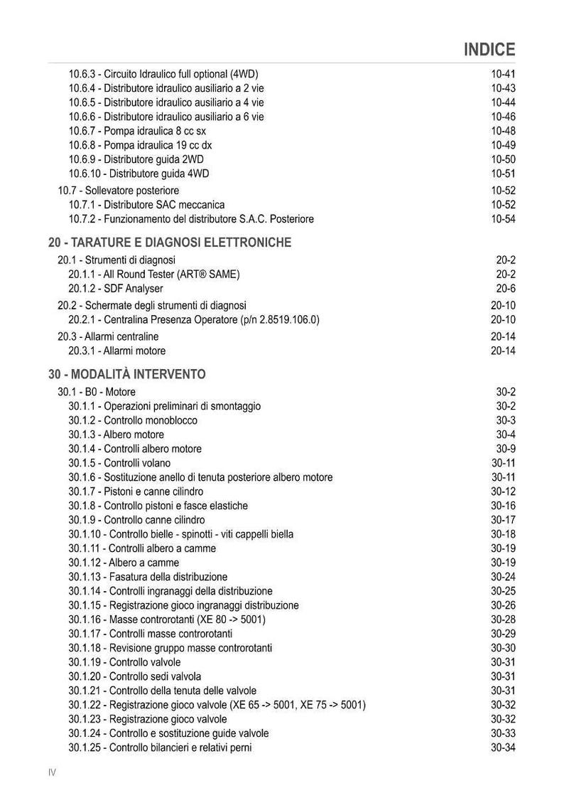 Puede incluir: Una p&aacute;gina de &iacute;ndice impresa con una lista de t&eacute;rminos t&eacute;cnicos y n&uacute;meros de p&aacute;gina. El documento incluye secciones sobre sistemas hidr&aacute;ulicos, diagn&oacute;sticos electr&oacute;nicos y mantenimiento del motor, con subsecciones detalladas.