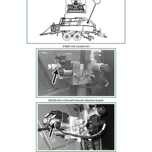 May include: Technical diagrams of agricultural machinery, featuring a top-down illustration and detailed close-ups of mechanical components. The image includes labels such as "E78261-UN: Location Art" and "E87020-UN: L1533 with Precutter Machine Graphic."