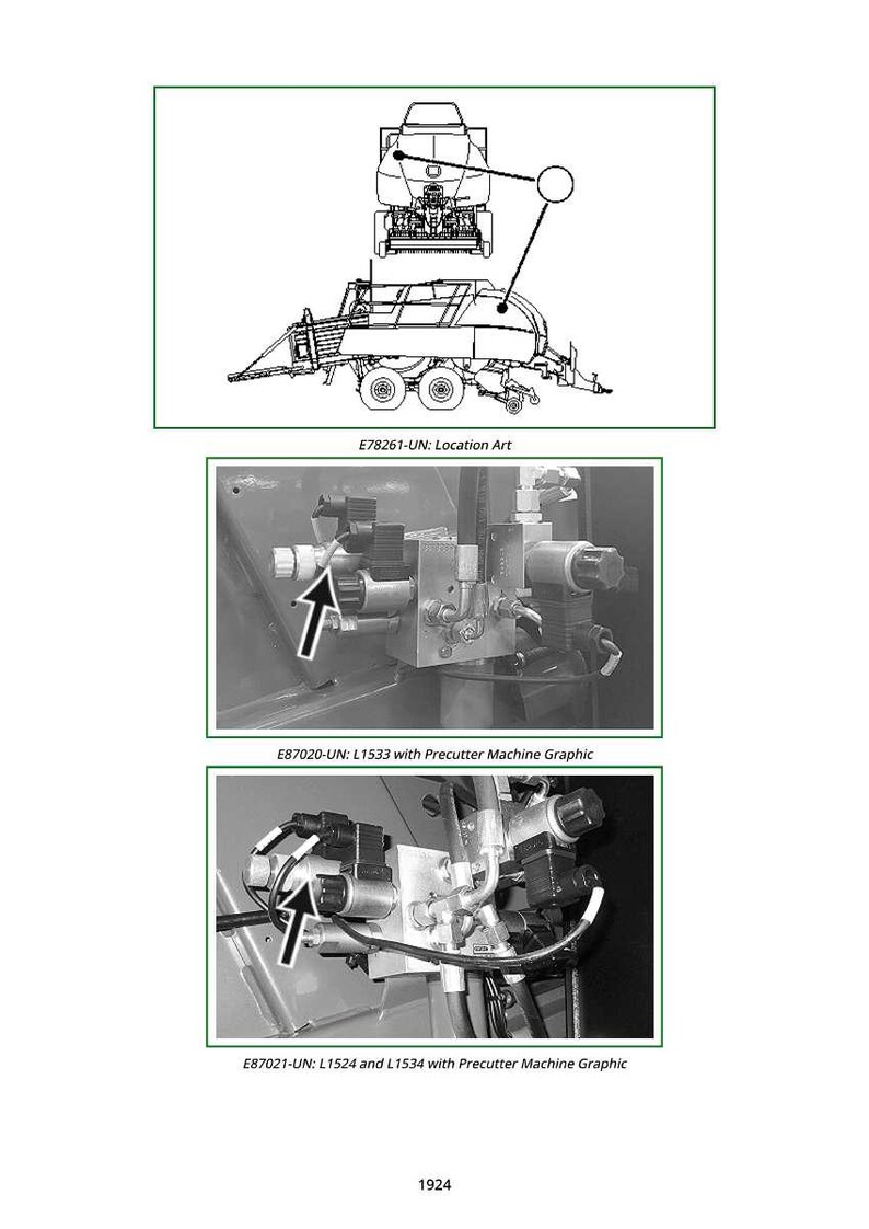 May include: Technical diagrams of agricultural machinery, featuring a top-down illustration and detailed close-ups of mechanical components. The image includes labels such as "E78261-UN: Location Art" and "E87020-UN: L1533 with Precutter Machine Graphic."