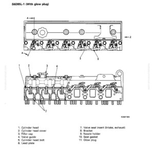 Puede incluir: Diagrama t&eacute;cnico de un cuerpo de motor, etiquetado como "S6D95L-1 (Con buj&iacute;a de incandescencia)". La imagen muestra una ilustraci&oacute;n detallada de la estructura del motor, incluyendo la culata, la gu&iacute;a de v&aacute;lvula y otros componentes.