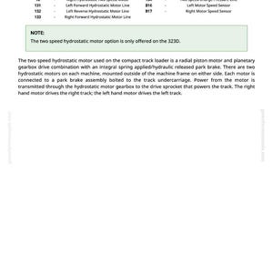 May include: Diagram of a compact track loader's hydrostatic motor system, including a legend with part numbers and descriptions. The text explains the motor's function and its components, such as the radial piston motor and gearbox.