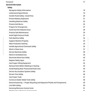 May include: A white page with a black table of contents. The table lists safety topics such as handling fluids, preventing explosions, and servicing machines. Page numbers are listed on the right.