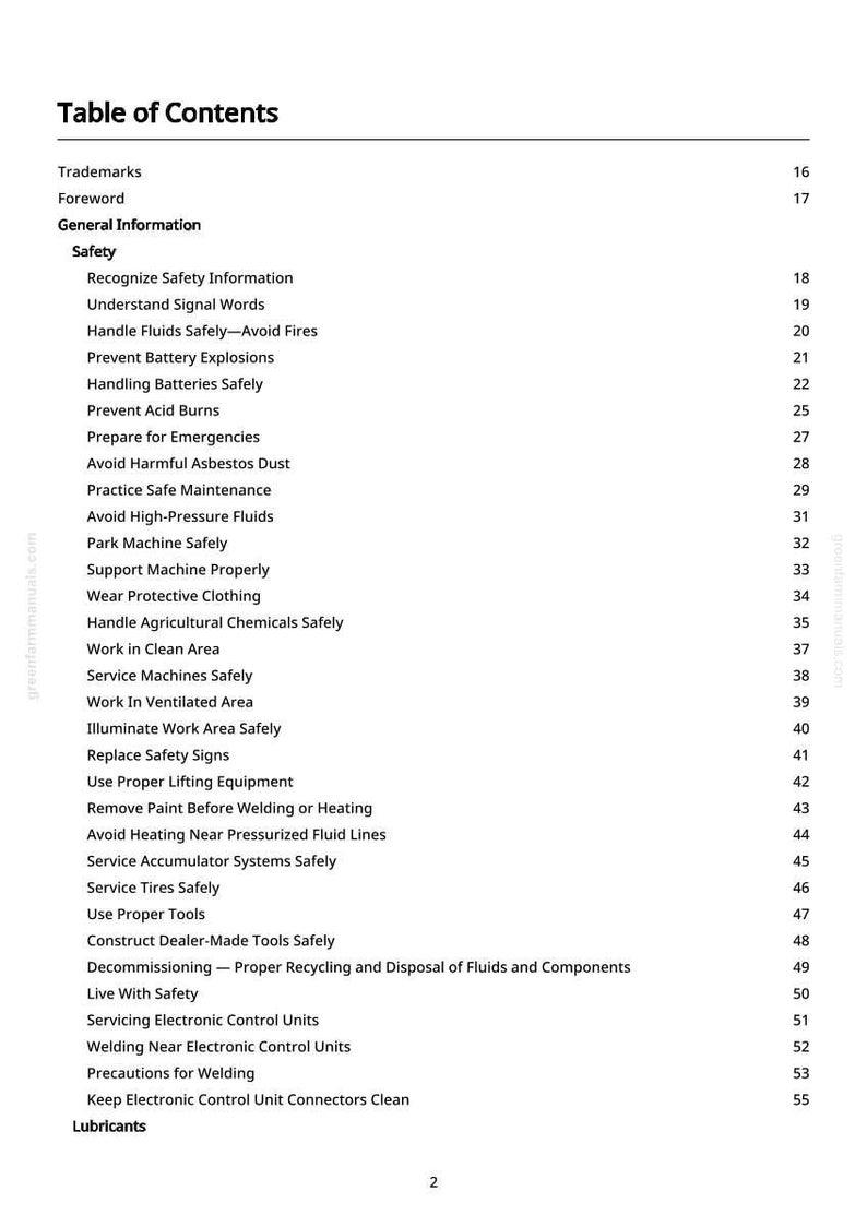 May include: A white page with a black table of contents. The table lists safety topics such as handling fluids, preventing explosions, and servicing machines. Page numbers are listed on the right.