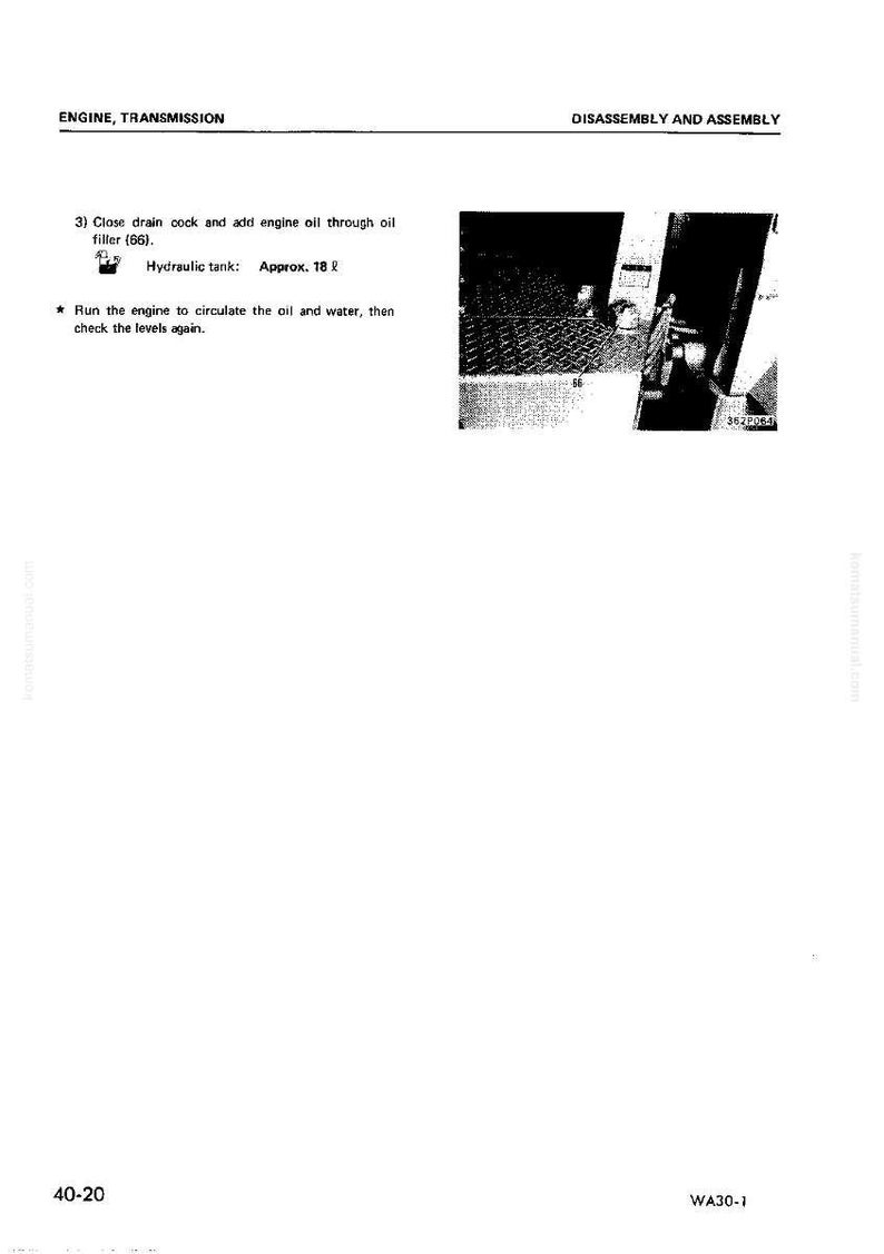 K&ouml;nnte beinhalten: Diagramm aus einem Handbuch mit Anweisungen zur Wartung des Motors. Der Text enth&auml;lt Schritte zum Hinzuf&uuml;gen von Motor&ouml;l und zum &Uuml;berpr&uuml;fen des &Ouml;lstands. Das Bild zeigt auch einen Hydrauliktank mit einem Fassungsverm&ouml;gen von ca. 18 Litern.