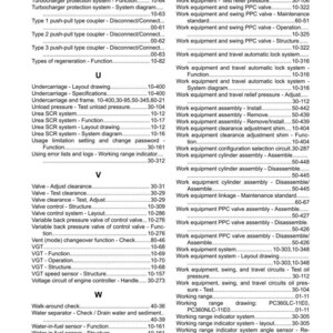 May include: An index page from a manual, featuring a table of contents with various technical terms and page numbers. The text includes terms like "Turbocharger protection system" and "Work equipment".