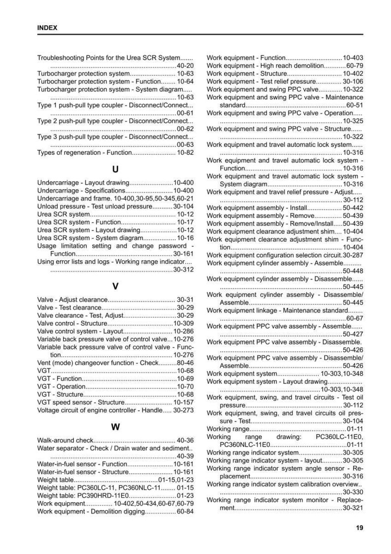 May include: An index page from a manual, featuring a table of contents with various technical terms and page numbers. The text includes terms like "Turbocharger protection system" and "Work equipment".