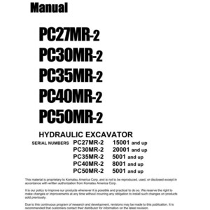 Puede incluir: Un manual de taller blanco con texto negro. El t&iacute;tulo dice "Shop Manual" encima de los n&uacute;meros de modelo PC27MR-2, PC30MR-2, PC35MR-2, PC40MR-2 y PC50MR-2. El manual es para una excavadora hidr&aacute;ulica. Copyright 2006.